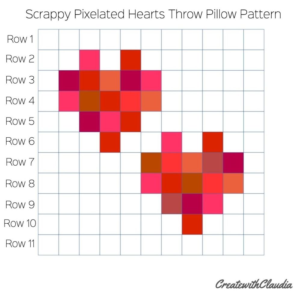 Scrappy Pixelated Hearts Throw Pillow tutorial and pattern for Valentine's Day